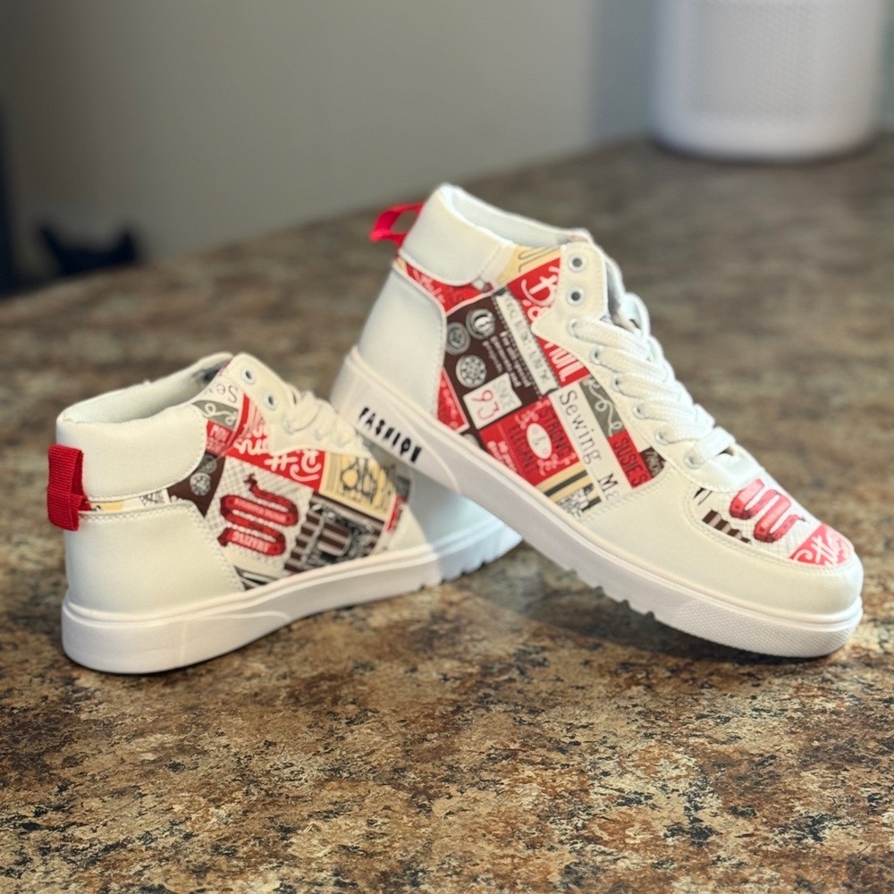 White and Red High-Top Sneakers